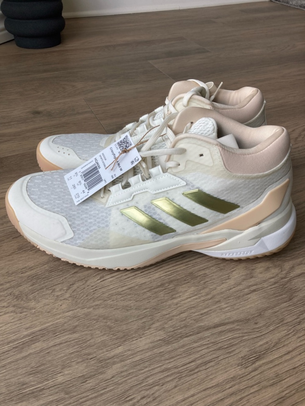 adidas Women's White Athletic Sneakers volleyball Gold Stripes and Cream Accents